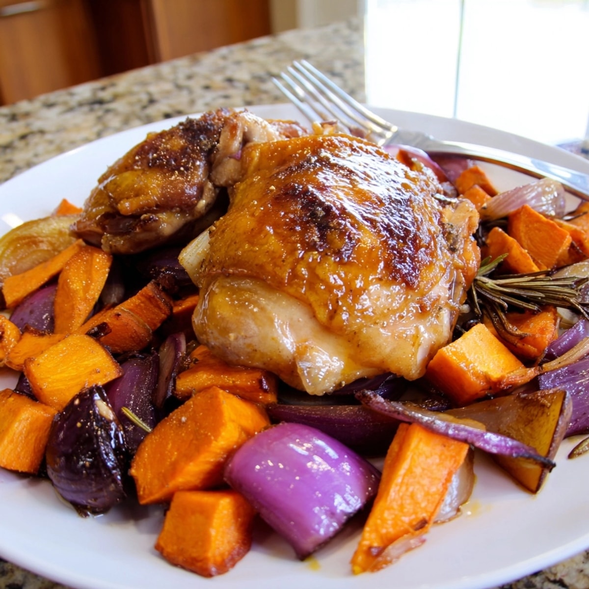 Honey-Glazed Chicken with Roasted Root Vegetables served hot, juicy and golden on a rustic tray.