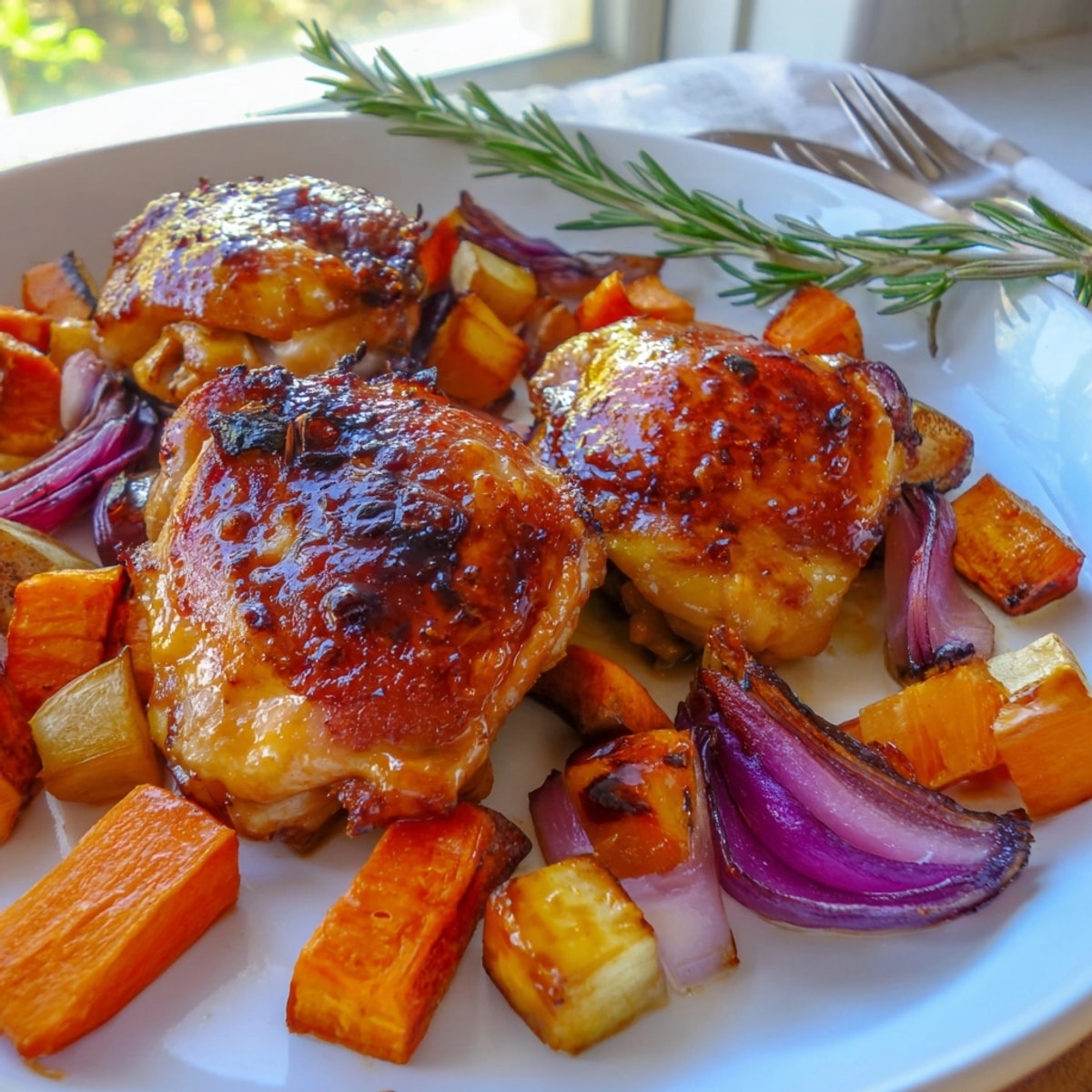Honey-Glazed Chicken with Roasted Root Vegetables plated with rosemary, ready for a comforting dinner.