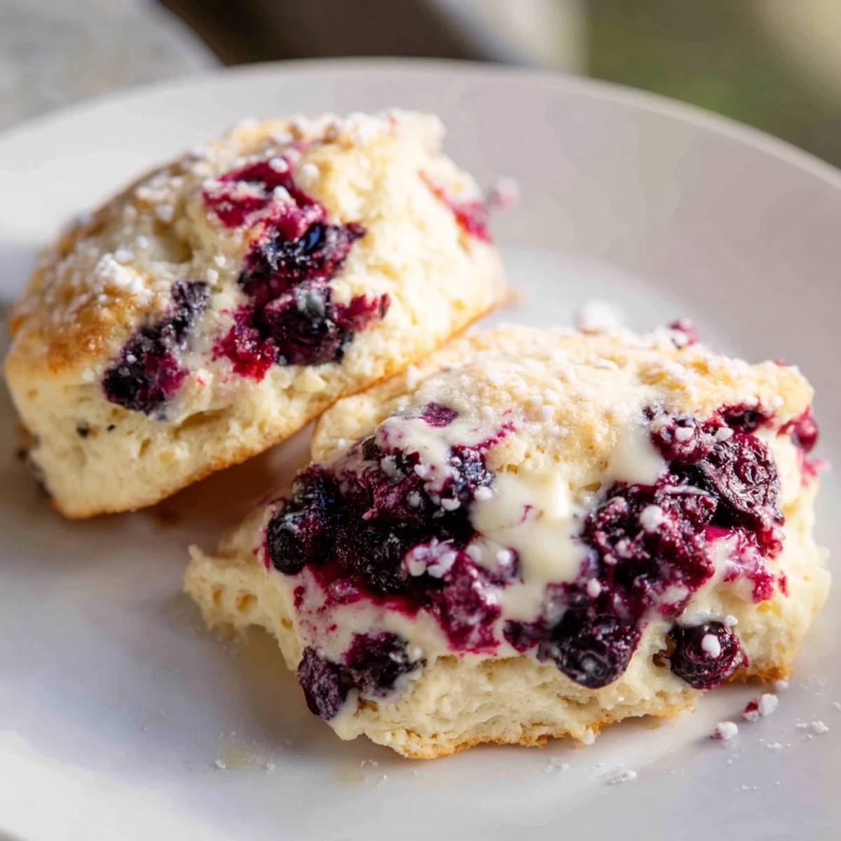 A close-up of warm, buttery Rustic Birch-Warm Blueberry Scones studded with plump, juicy blueberries, ready to eat.