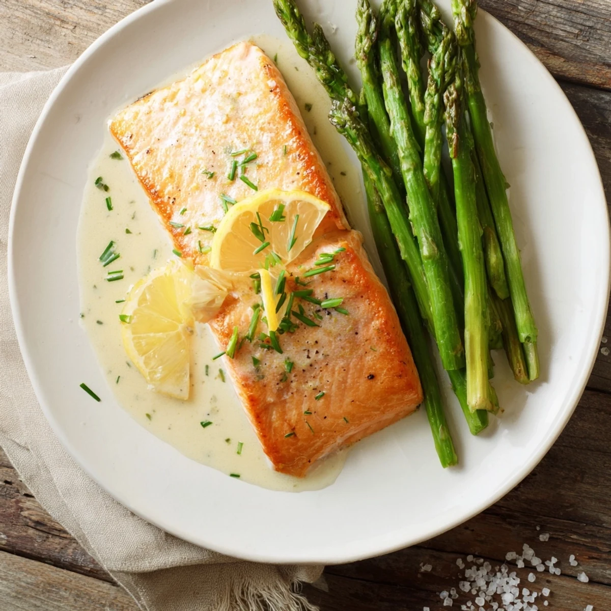 Sizzling skillet lemon-butter salmon with asparagus, glistening in a buttery, citrus-infused pan sauce.