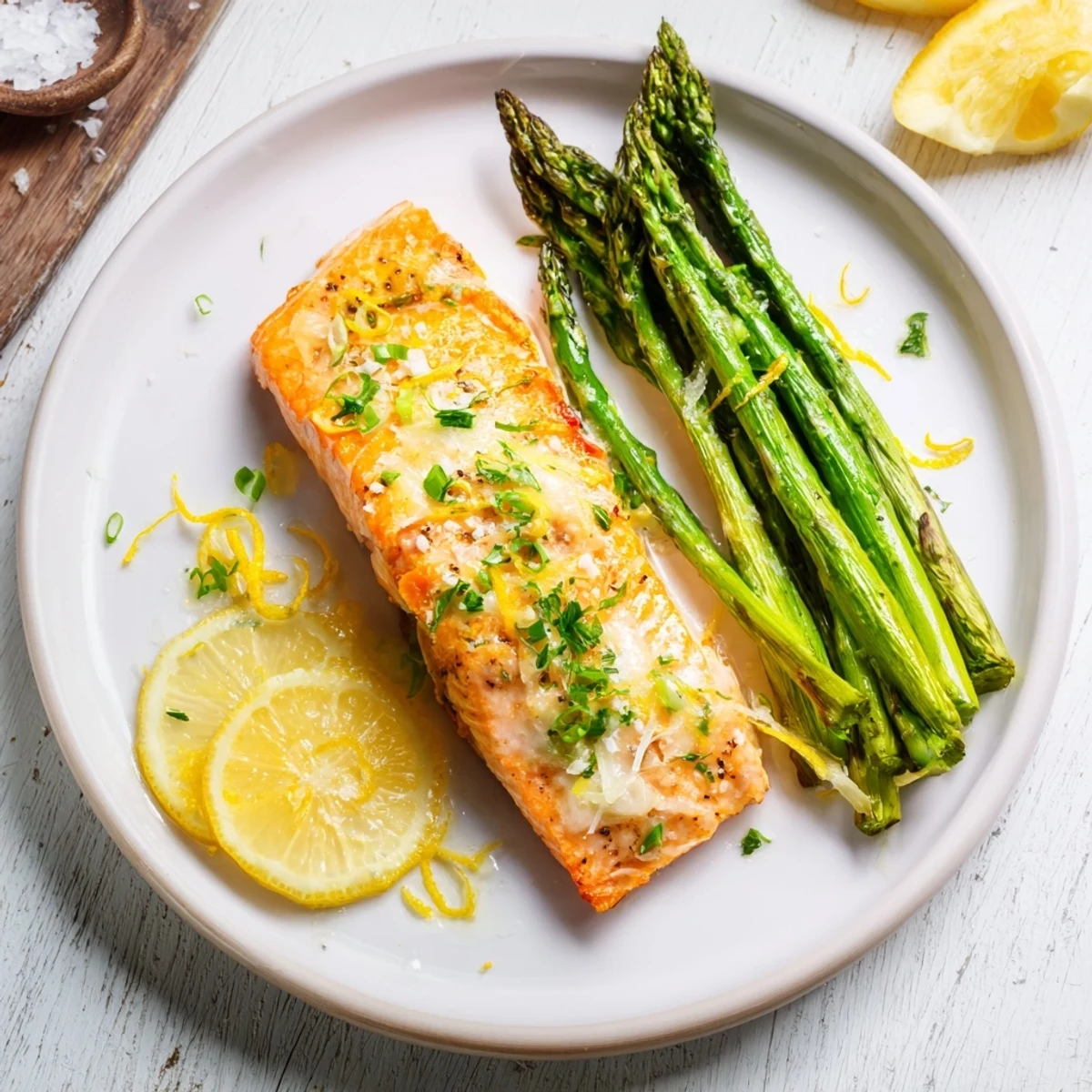 Perfectly cooked skillet lemon-butter salmon served with tender asparagus, brightened with fresh lemon slices.