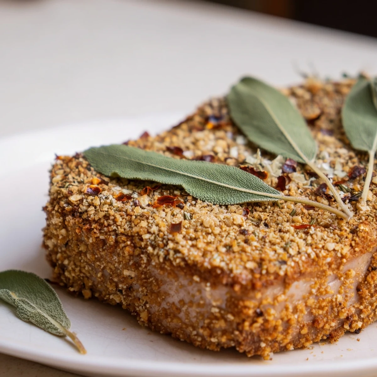 Golden-brown thyme and pecan crusted pork tenderloin, sliced and ready to serve with roasted vegetables.