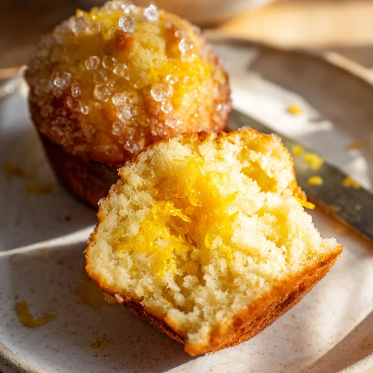 Close-up of baked Simple Sweet Lemon Zest Muffins, showing their tender crumb and bright citrus zest aroma.