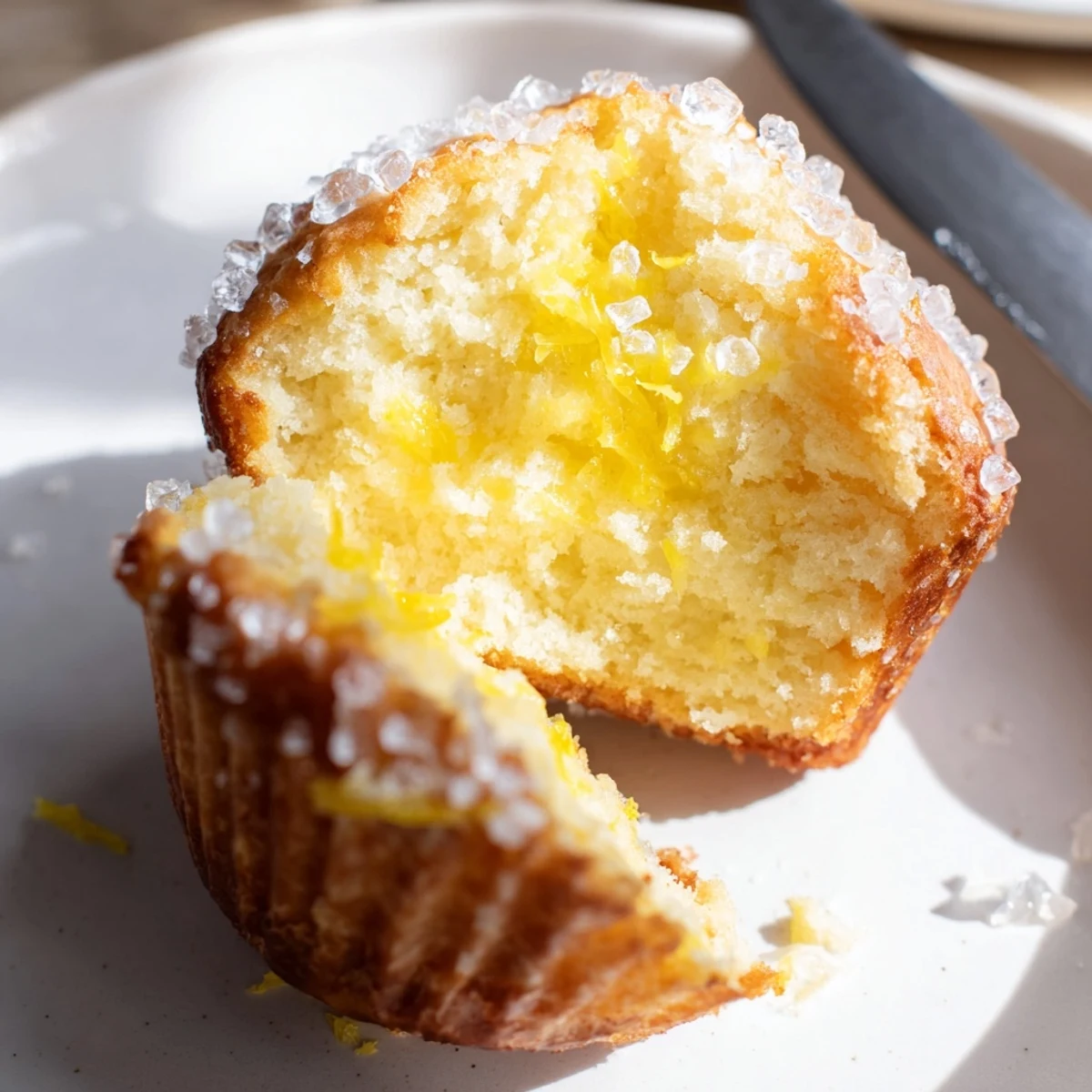Fluffy Simple Sweet Lemon Zest Muffins, golden brown and glistening, perfect for a cozy morning breakfast.
