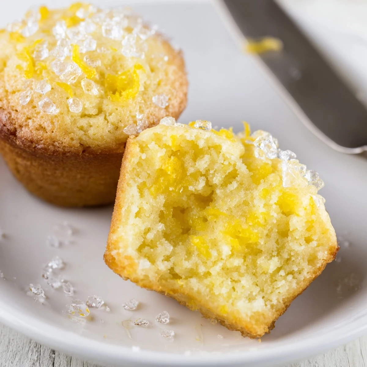 Freshly baked Simple Sweet Lemon Zest Muffins, ready to eat, with a tempting sprinkle of coarse sugar on top.