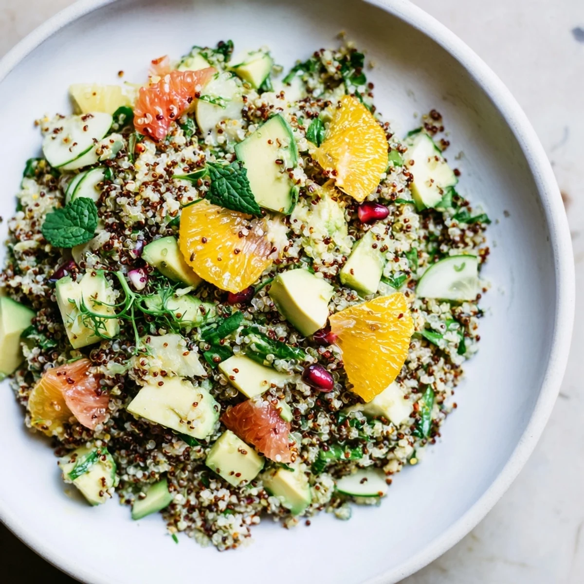 Steaming quinoa base topped with vibrant Fresh Citrus & Avocado Quinoa Bowl, ready to eat.