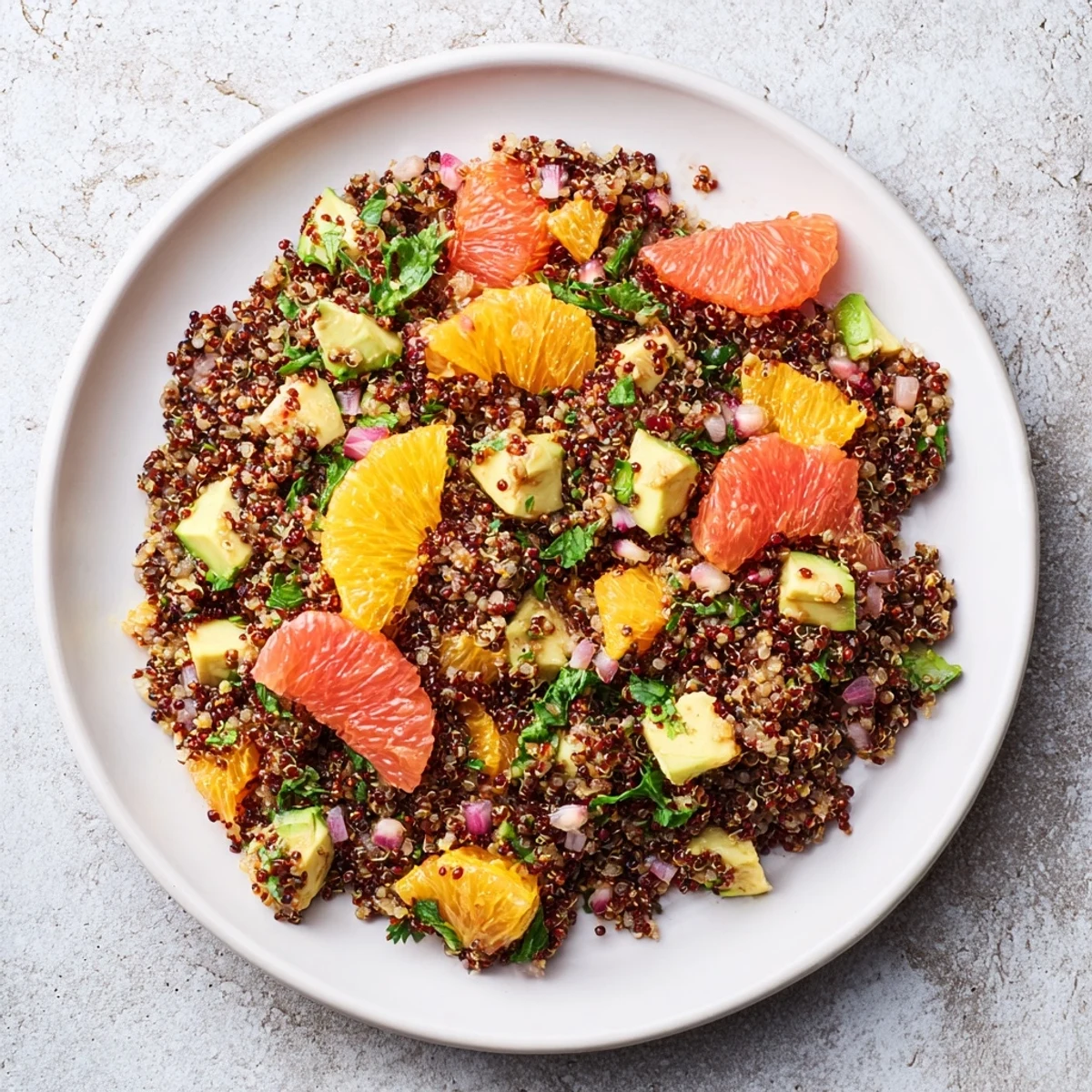A colorful close-up of a Fresh Citrus & Avocado Quinoa Bowl, perfect for a light vegetarian meal.