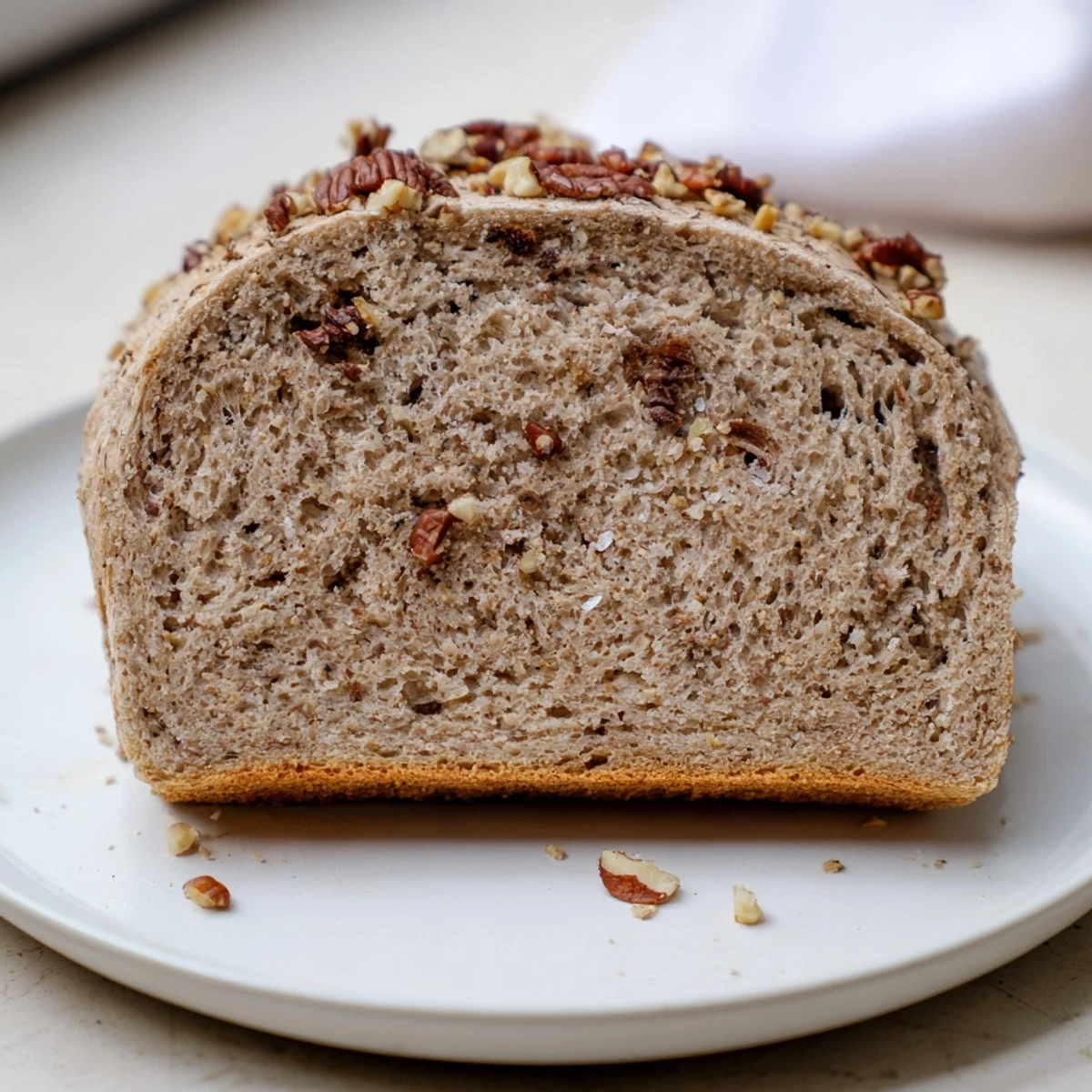 This homemade Nutty Whole Wheat Loaf Bread shows a rustic loaf with visible nuts, perfect for breakfast.