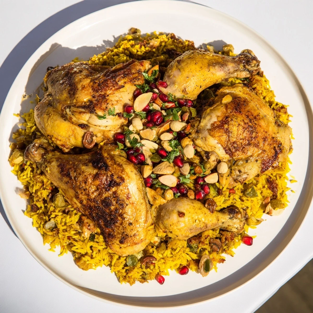 Golden-hued Saffron Chicken and Rice Pilaf with fluffy rice and tender chicken, ready to serve.