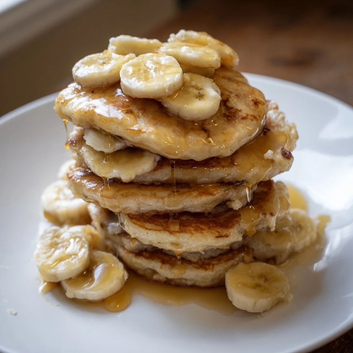 Weekend Golden-Brunch Banana Pancakes stacked high, glistening with maple syrup and banana slices.