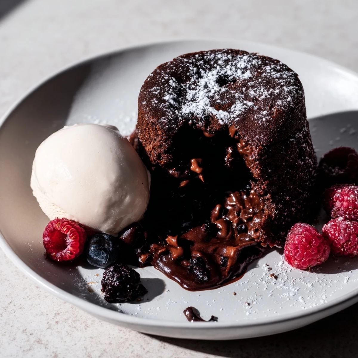 Molten chocolate spilling from these rich cocoa lava cakes, ready with a scoop of ice cream.