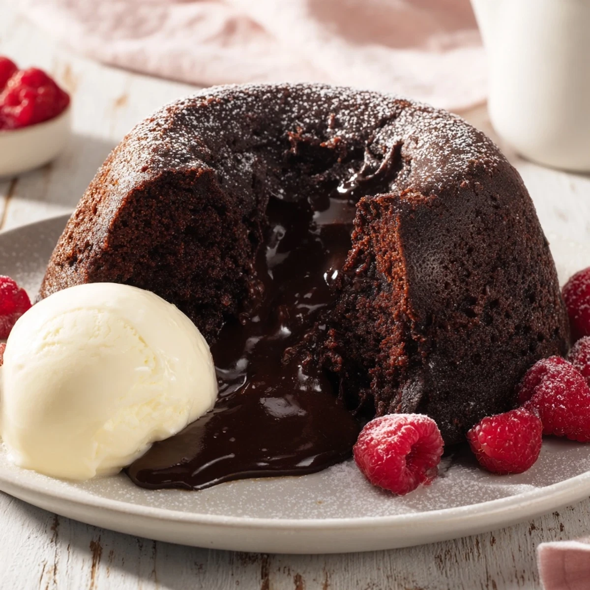Freshly baked dark chocolate lava cakes, dusted with powdered sugar, offering a decadent treat.