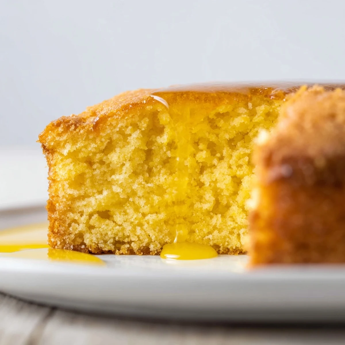 A warm slice of golden honey pound cake, showcasing its moist, delicate crumb perfectly.