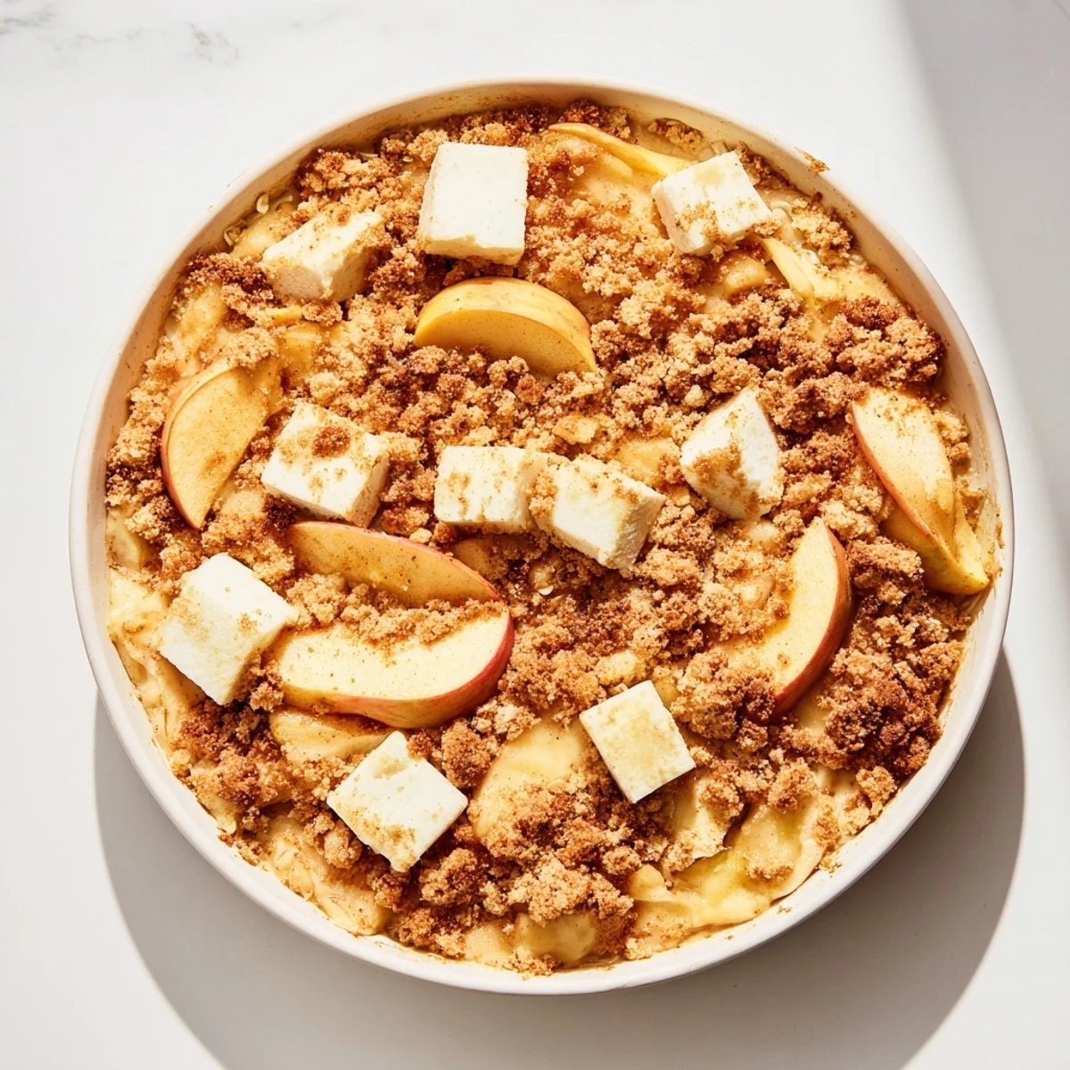 Golden-brown Warm Rustic Apple and Cinnamon Crumble, bubbling with warm, spiced apple filling ready to serve.