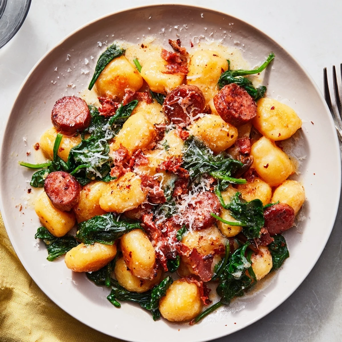 Golden-brown Woodsy Skillet Sausage and Mushroom Gnocchi, a creamy and flavorful one-pan comfort food.