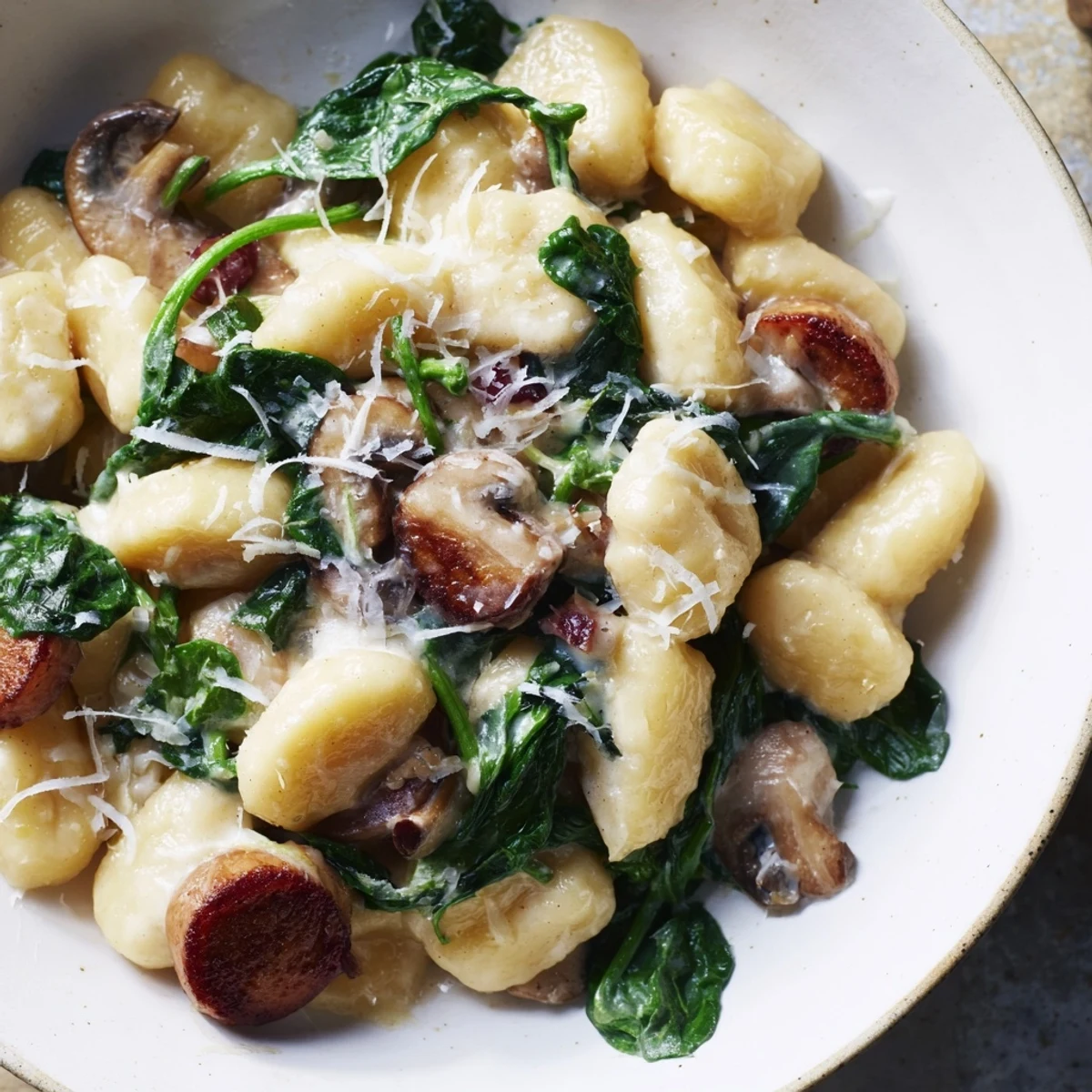 A close-up of a steaming bowl of Woodsy Skillet Sausage and Mushroom Gnocchi, ready for a delicious dinner.