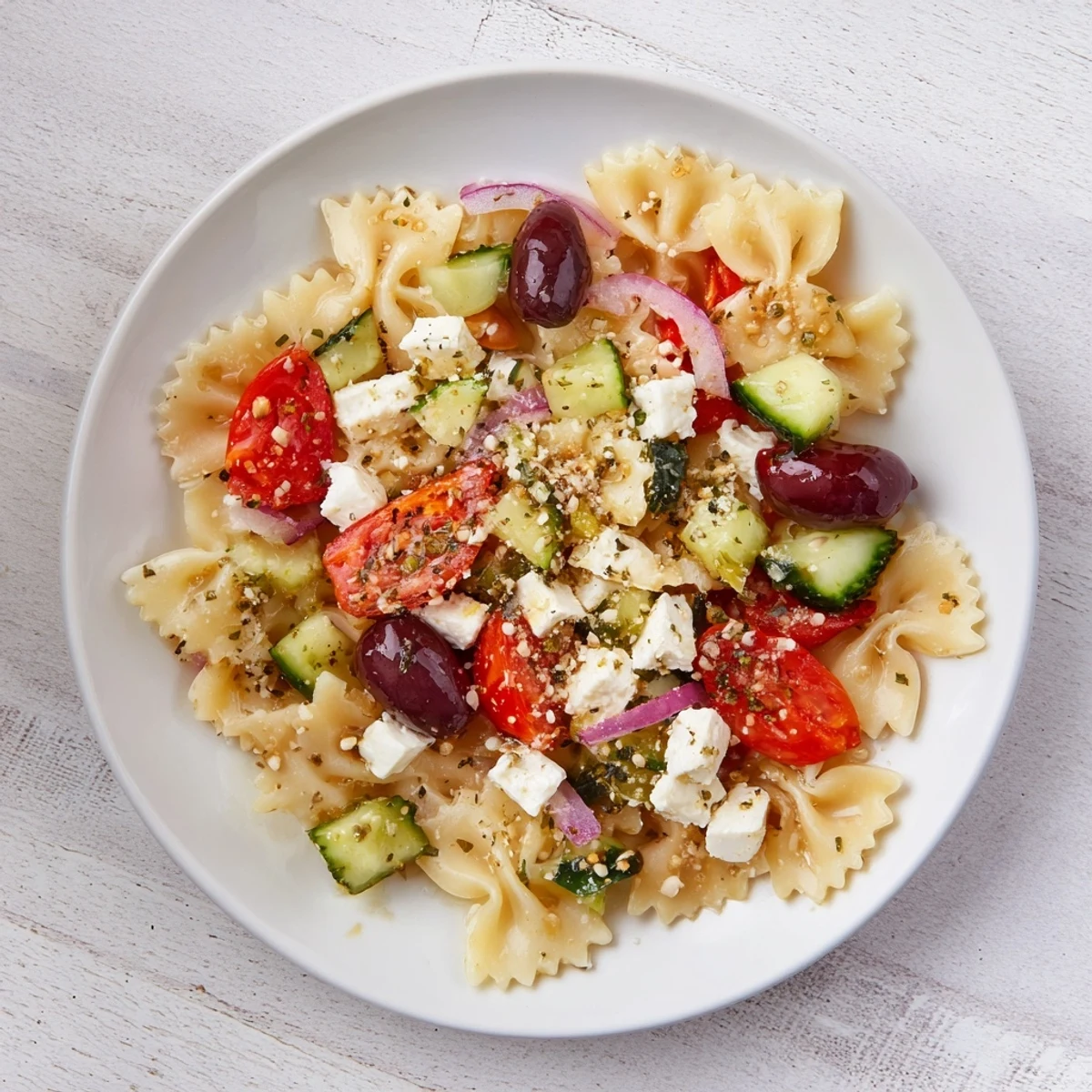 Mediterranean Olive Oil and Feta Pasta Salad, colorful and refreshing with briny olives and creamy feta.
