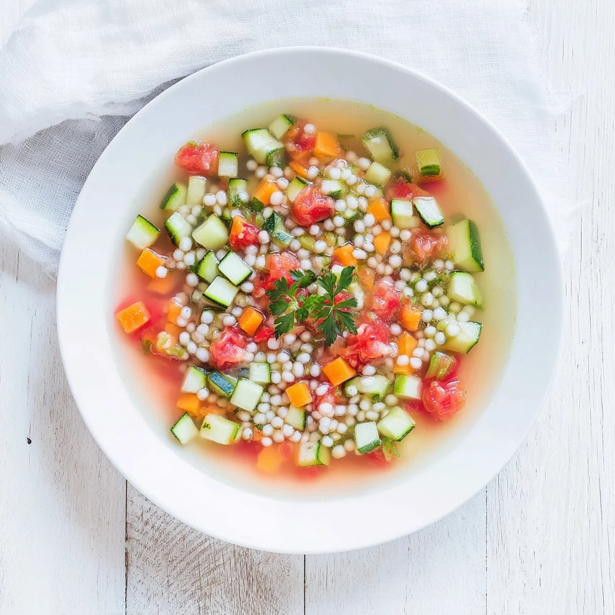 Steaming Simple Homemade Grain and Vegetable Soup, a hearty, colorful vegetarian meal ready to enjoy.