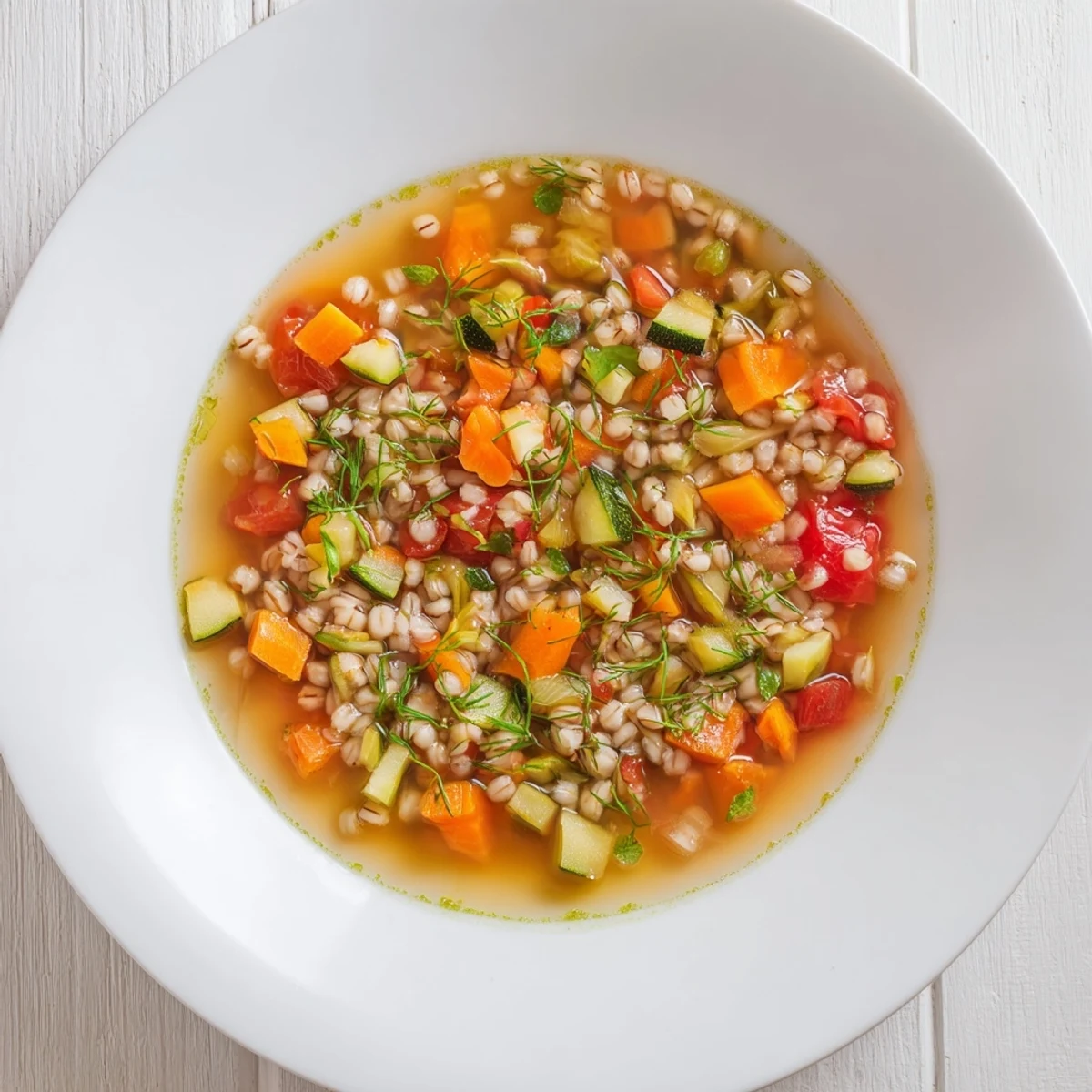 A vibrant bowl of Simple Homemade Grain and Vegetable Soup with fresh parsley, ready to be eaten.