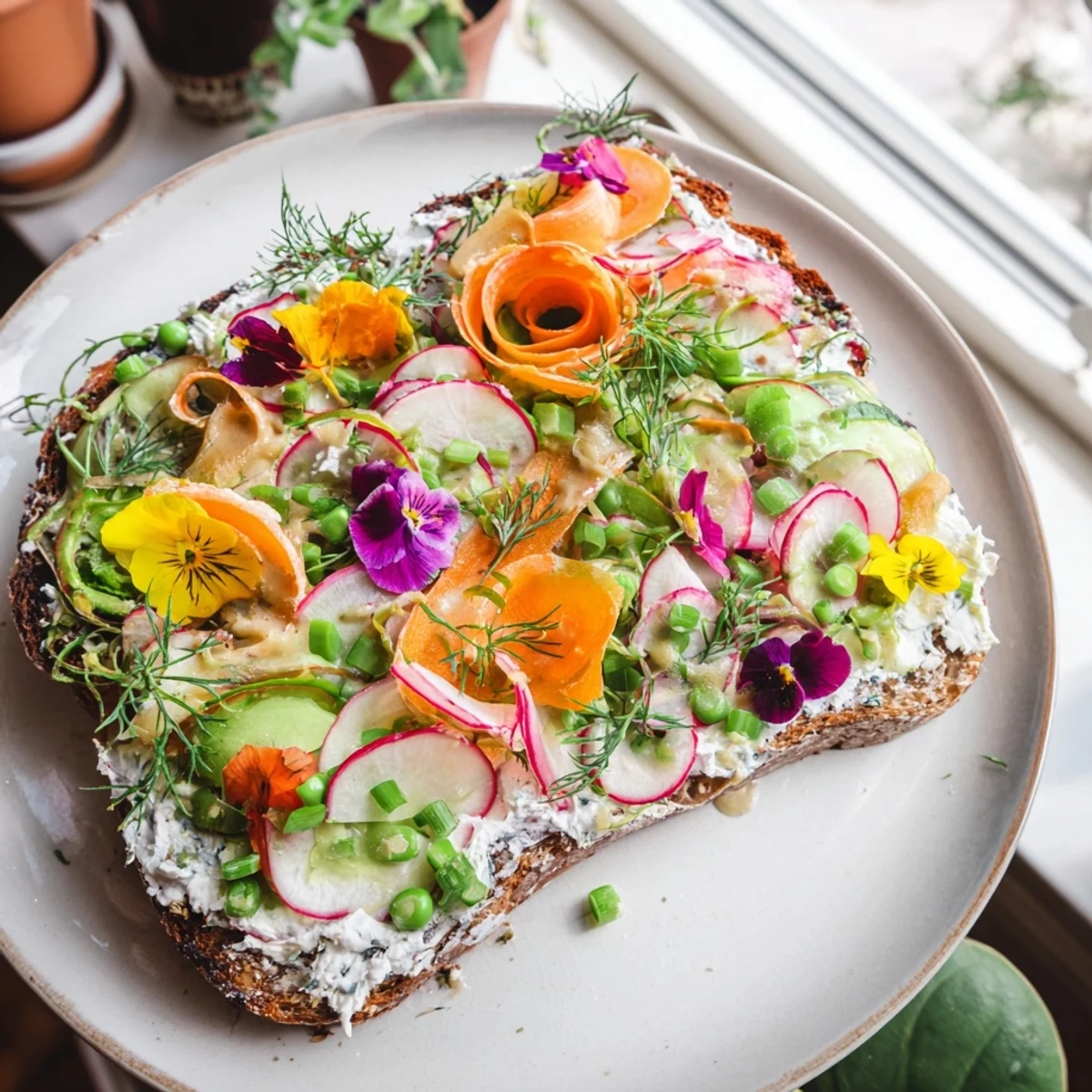 Fresh Meadow-Inspired Garden Vegetable Tartines, topped with colorful, fresh veggies on toasted bread.
