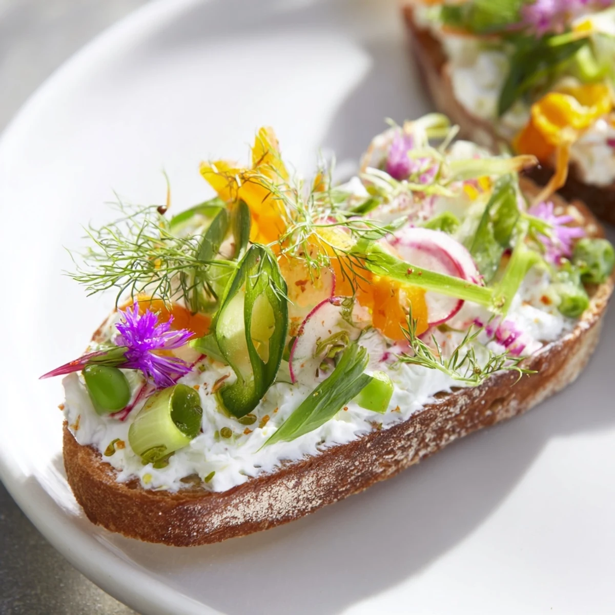 Vibrant image of Fresh Meadow-Inspired Garden Vegetable Tartines showcases a lovely, open-faced veggie sandwich.