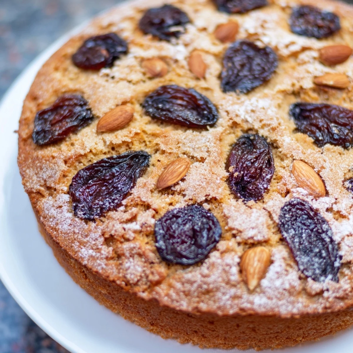 Juicy plum slices top a freshly baked Soft Sweet Plum-Infused Almond Cake, ready to enjoy.