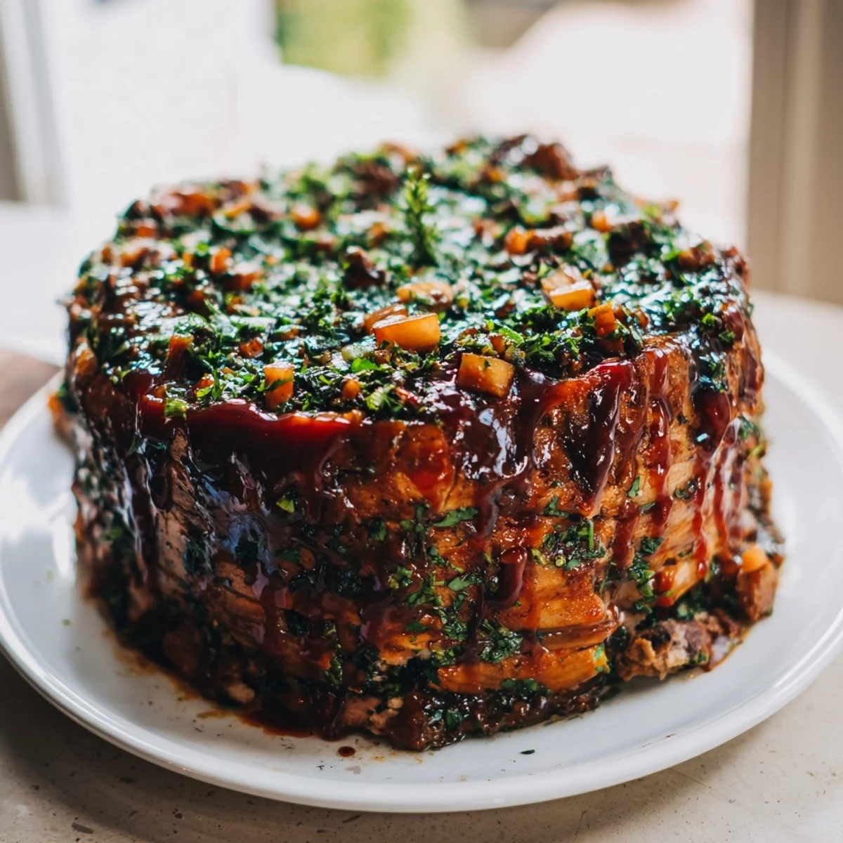 Steaming hot Everyday Herb-Sprigged Turkey Meatloaf with a glistening glaze, ready to slice and enjoy.
