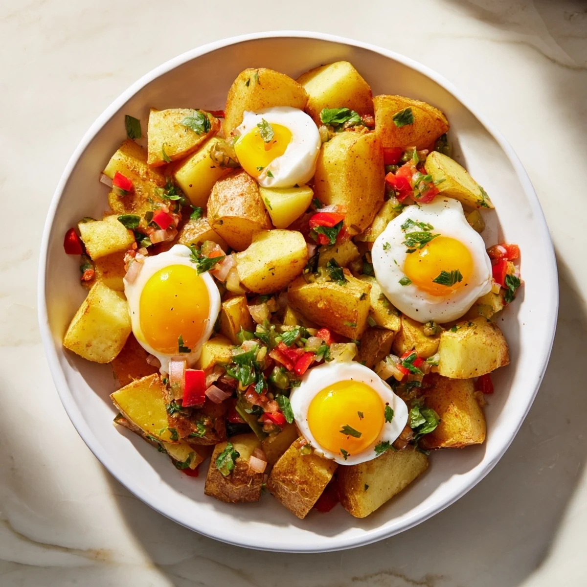 Golden brown Simple Skillet Egg and Potato Hash, a hearty home-cooked meal with flavorful vegetables.