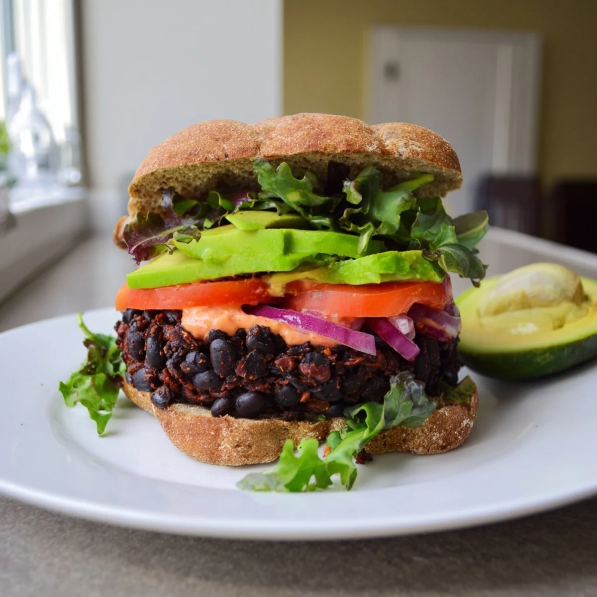 A close-up of a juicy Zesty Weeknight Black Bean Burger with fresh avocado slices on a toasted bun.