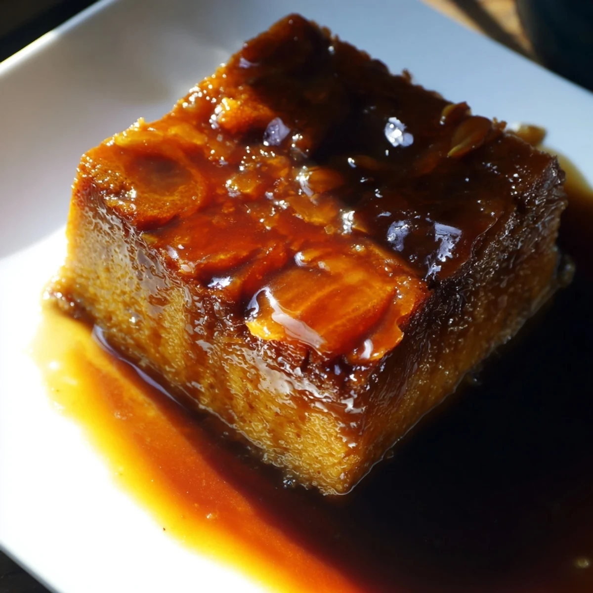 A close-up of a freshly baked Weekend Cabin-Style Sticky Toffee Pudding, a classic dessert with a tender crumb.