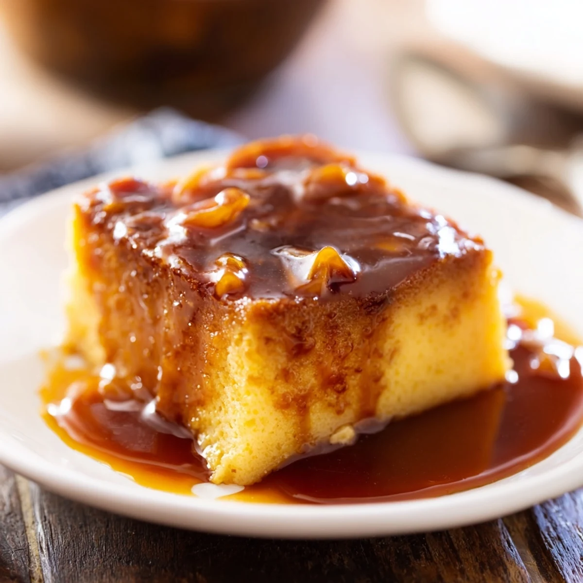Warm, dark, glistening Weekend Cabin-Style Sticky Toffee Pudding, ready with a rich toffee sauce drizzle.