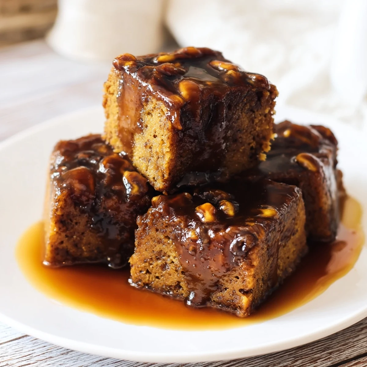 Serving a generous slice of Weekend Cabin-Style Sticky Toffee Pudding drizzled with decadent, warm toffee.