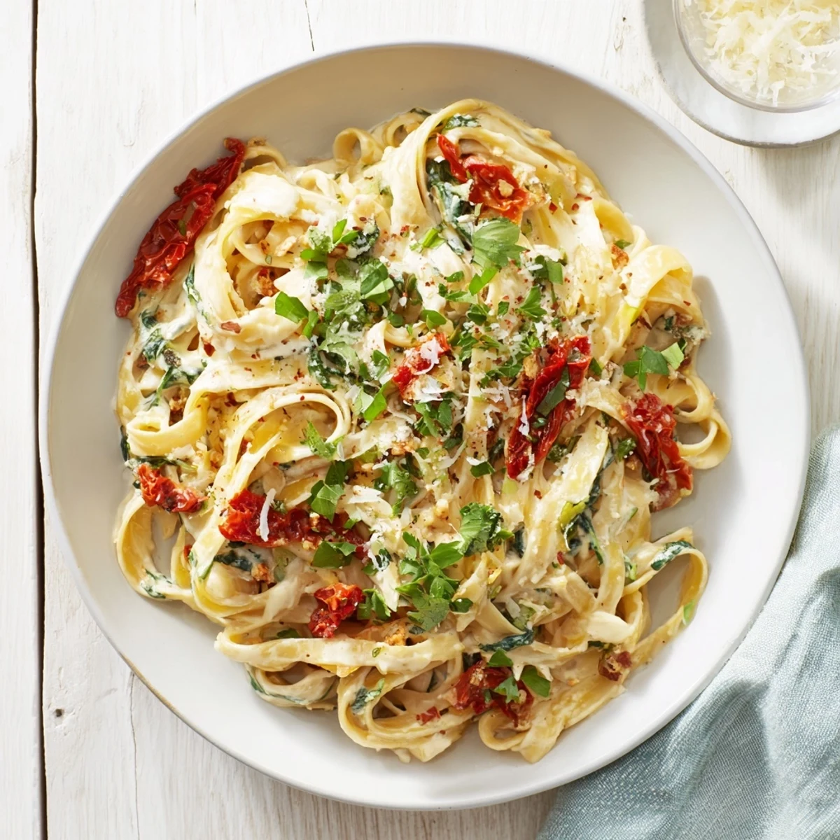 Enjoy this comforting bowl of One-Pot Creamy Tuscan Garlic Herb Pasta with fresh basil and Parmesan cheese.