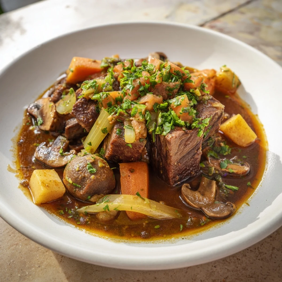 A steaming bowl of earthy beef stew with crusty bread, a comforting meal for chilly evenings.