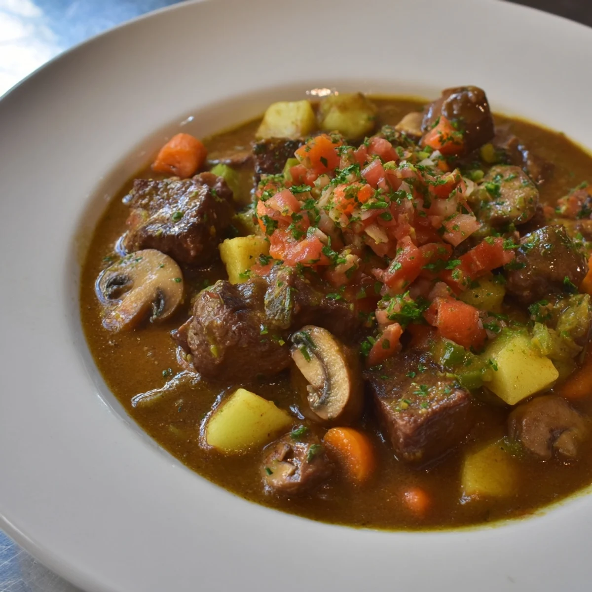 Rustic close-up of earthy beef stew, highlighting tender beef and golden bread, ready to enjoy.