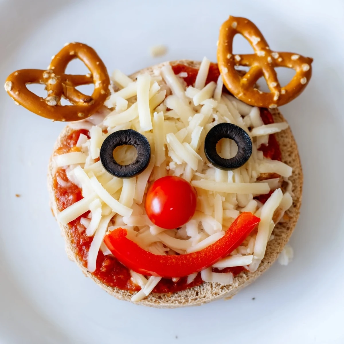 Warm, melty Reindeer Face Pizza Bagels with pretzel antler details made for holiday snacking.