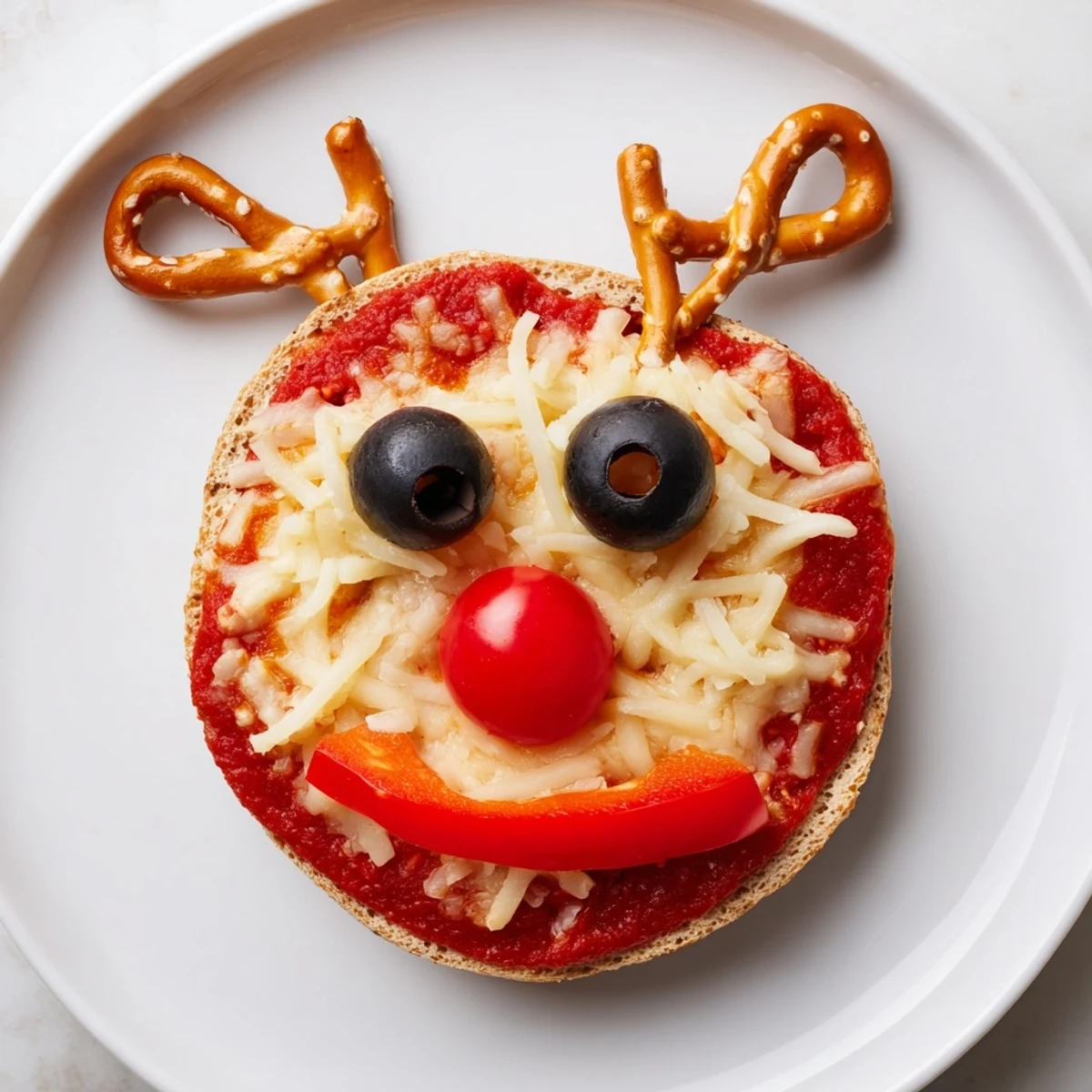 Cheesy and festive Reindeer Face Pizza Bagels feature black olive eyes and bright red noses, ready to eat.