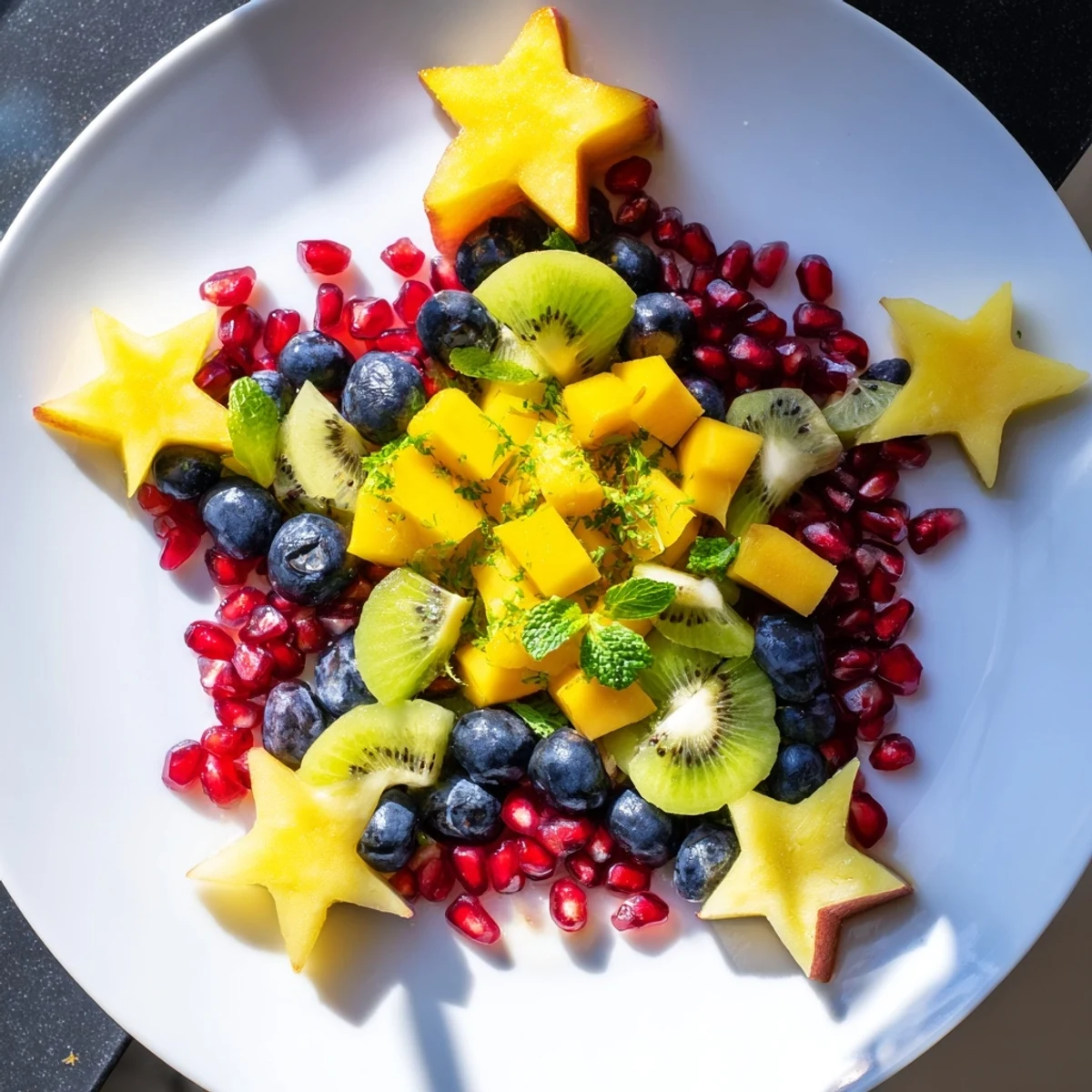 Fresh pomegranate seeds, starfruit, and mint compose this healthy and delicious fruit platter.