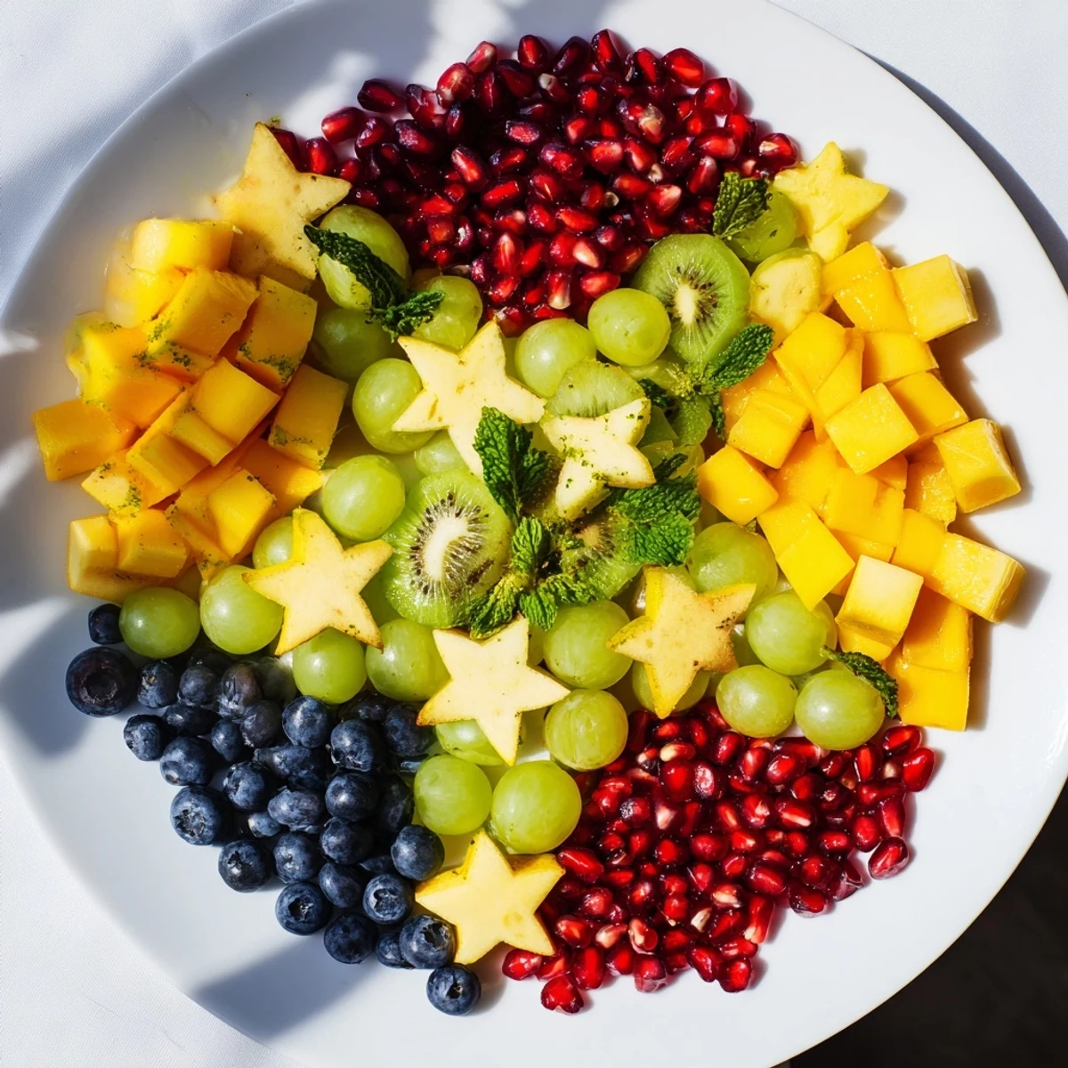 A beautifully arranged Pomegranate and Mint Star Fruit Platter bursting with vibrant fruit and mint.