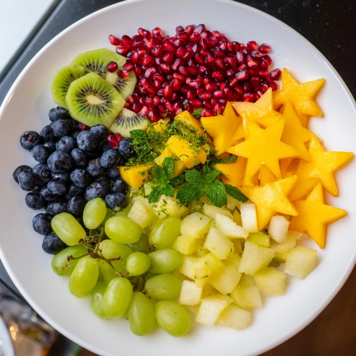 This Pomegranate and Mint Star Fruit Platter showcases a refreshing vegan appetizer, ready to serve immediately.