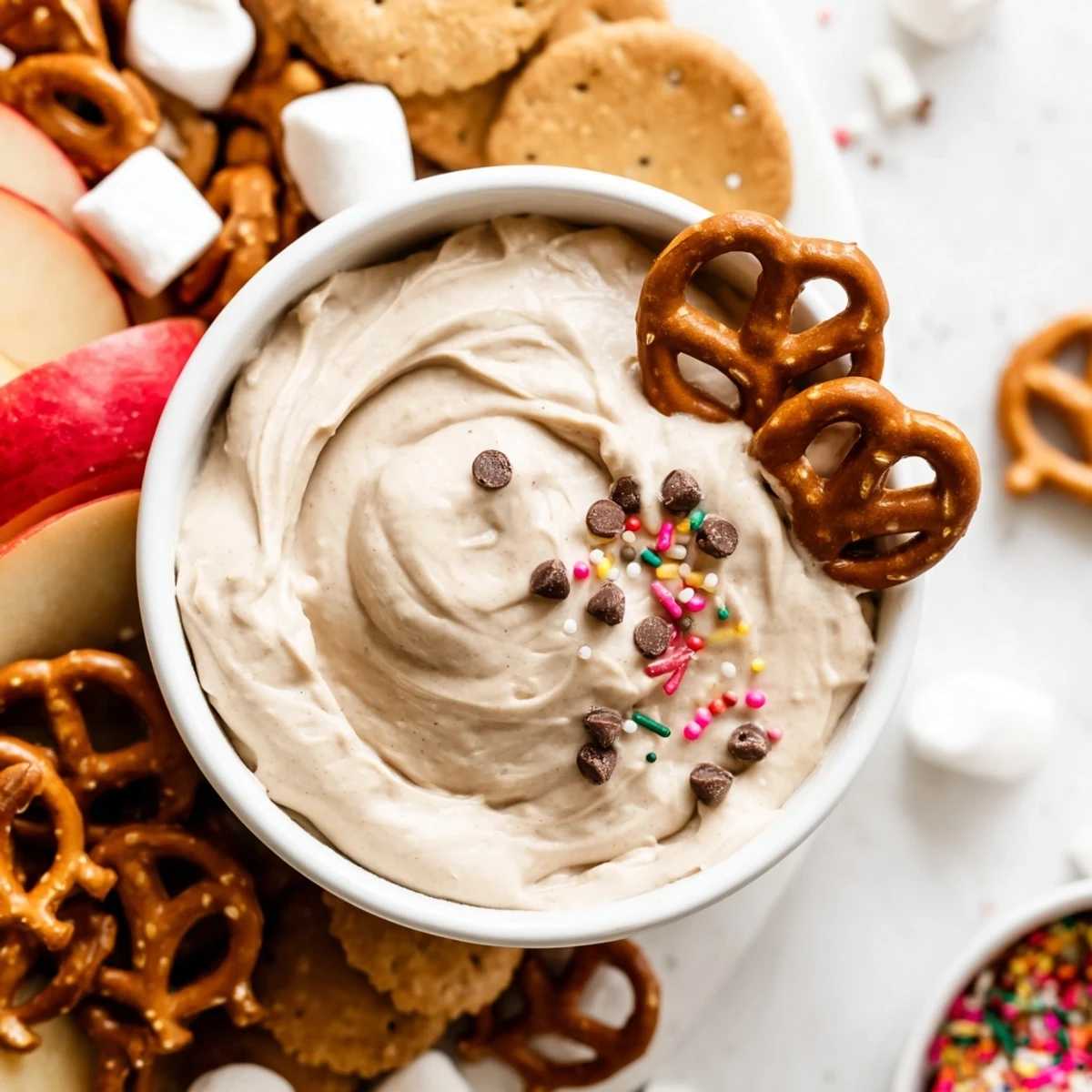 A beautifully arranged Gingerbread House Dip board, creamy dip surrounded by dippable treats.