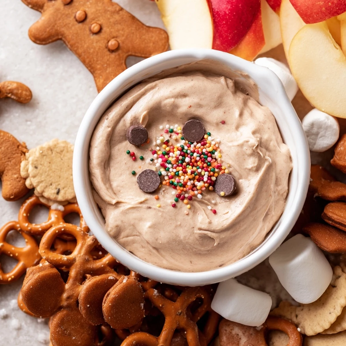 This Gingerbread House Dip board shows a holiday dessert platter with cookies and fruit for dipping.