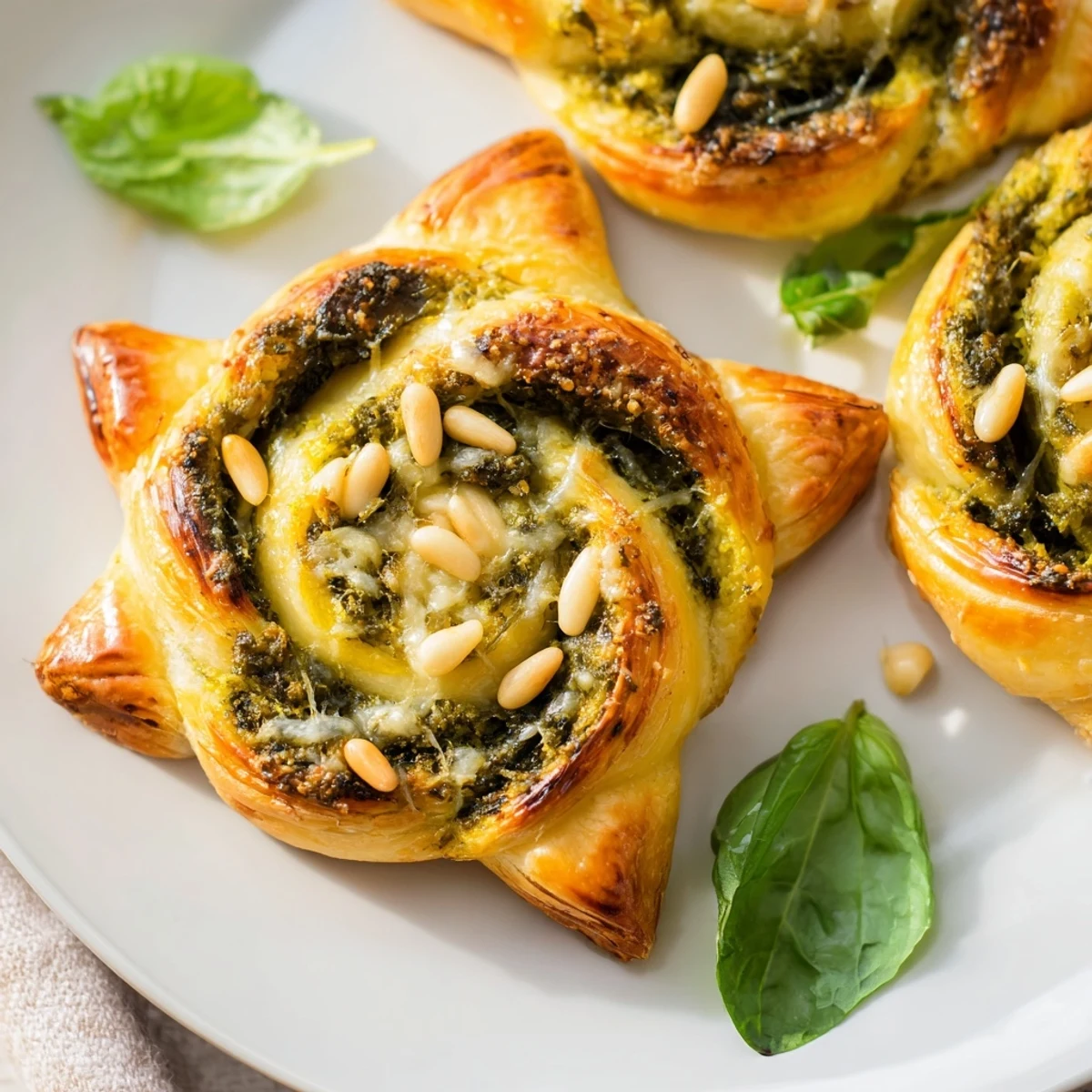 Flaky Savory Bites: Star-Shaped Pesto Pinwheels sit warm on a baking sheet, ready for serving.
