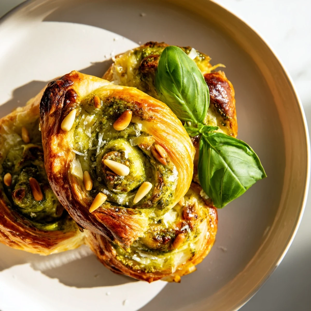 Freshly baked Savory Bites: Star-Shaped Pesto Pinwheels with basil pesto are a perfect vegetarian party snack.
