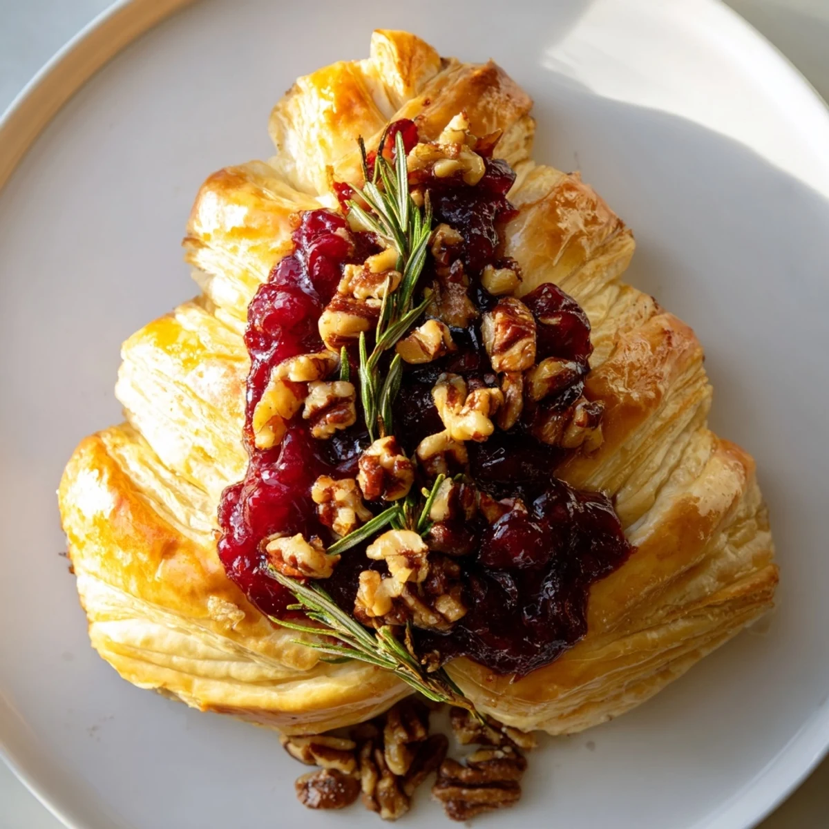 Golden, baked Brie en Croûte Pine Tree, its puff pastry crispy around creamy, warm cheese.