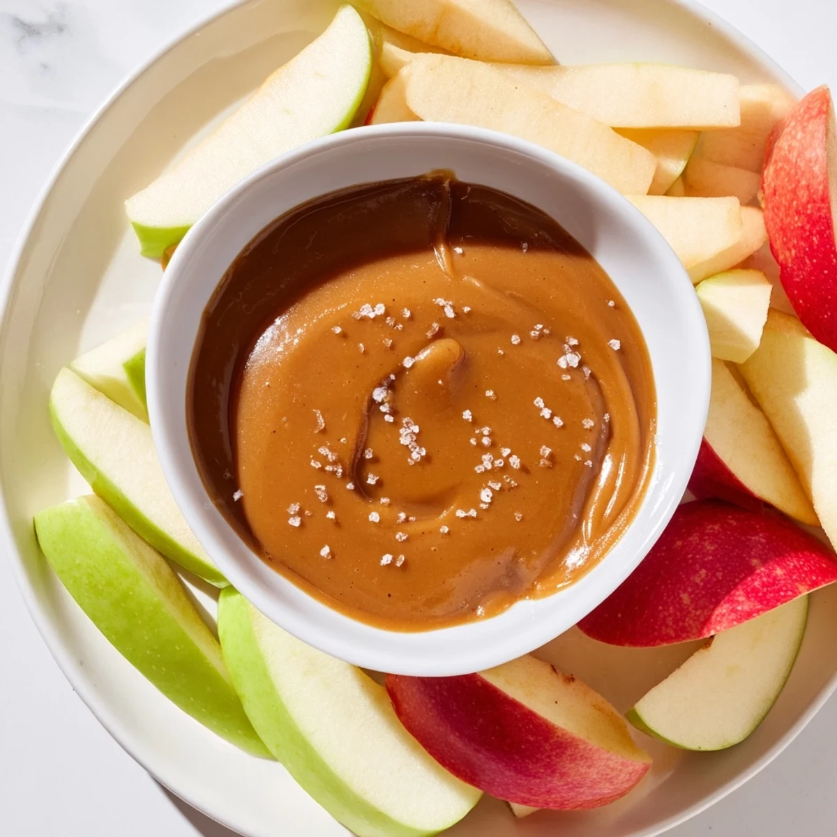 Crisp, juicy apple slices surrounding the creamy, homemade caramel dip center for this appetizer.