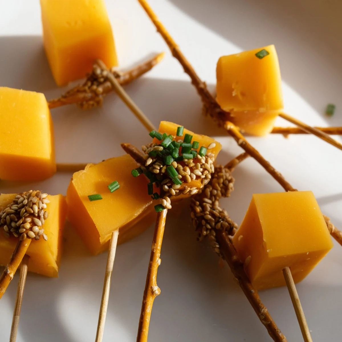 Sharp cheddar cheese cubes on pretzel sticks form festive NYE cheese sparklers, ready to enjoy.
