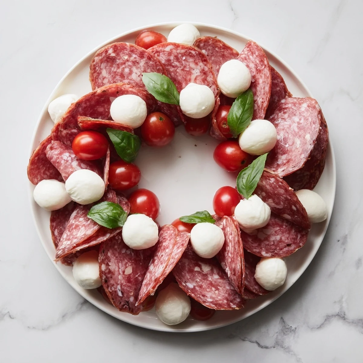 A beautiful close-up of a folded salami wreath glistening with juicy cherry tomatoes.