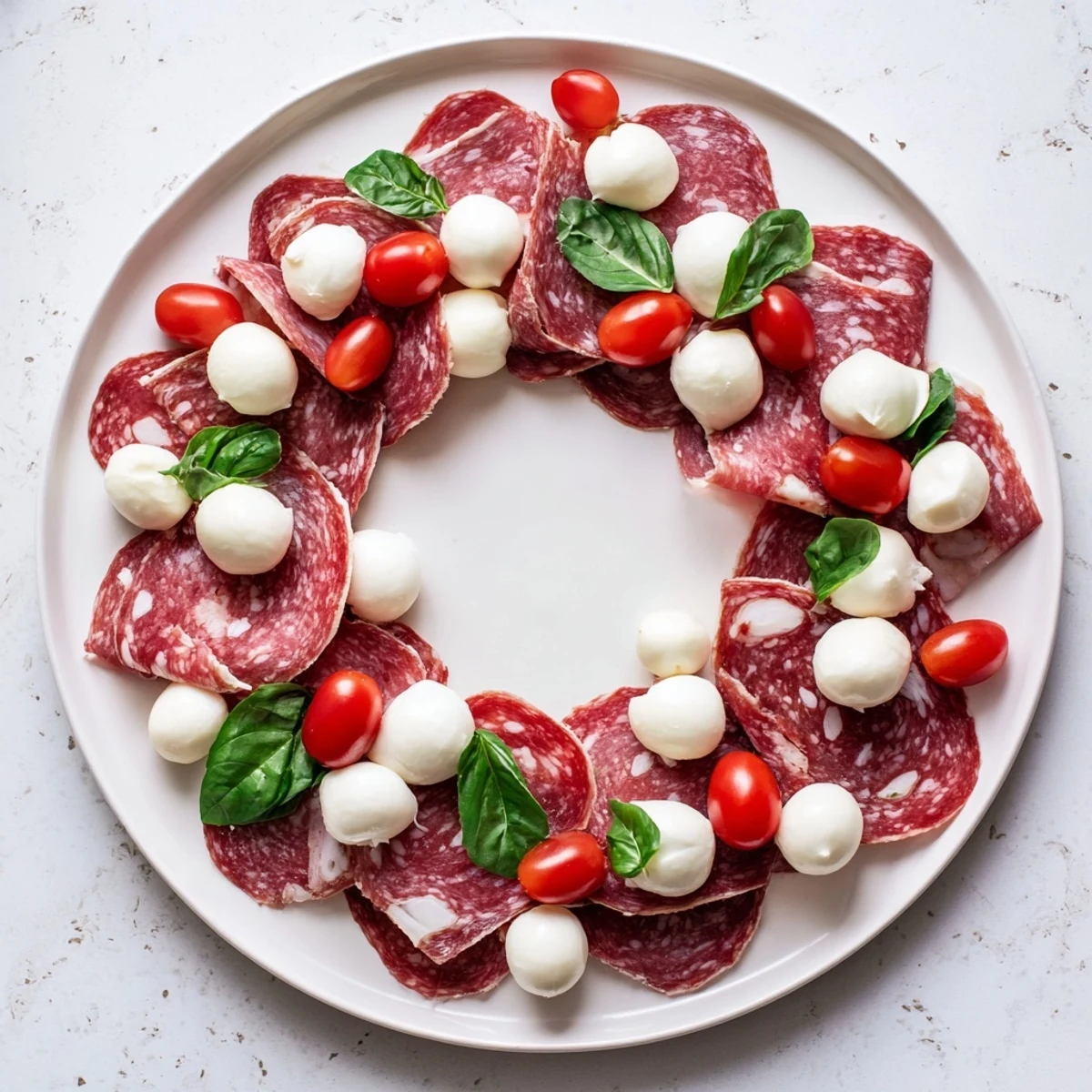 Artistically folded salami wreath appetizer with fresh basil, perfect for your holiday spread.