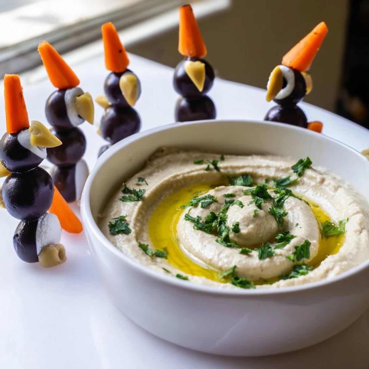 Creamy winter dip featuring cute olive penguins, showcasing the delicious white bean dip recipe.